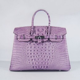 Hermes Birkin 35Cm Crocodile Head Stripe Handbags Purple Silver